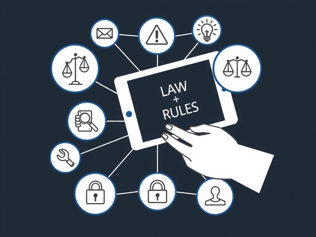 Mână stilizată ținând o tabletă cu pictograme de lege și reguli, pe un fundal cu elemente naturale și digitale interconectate.