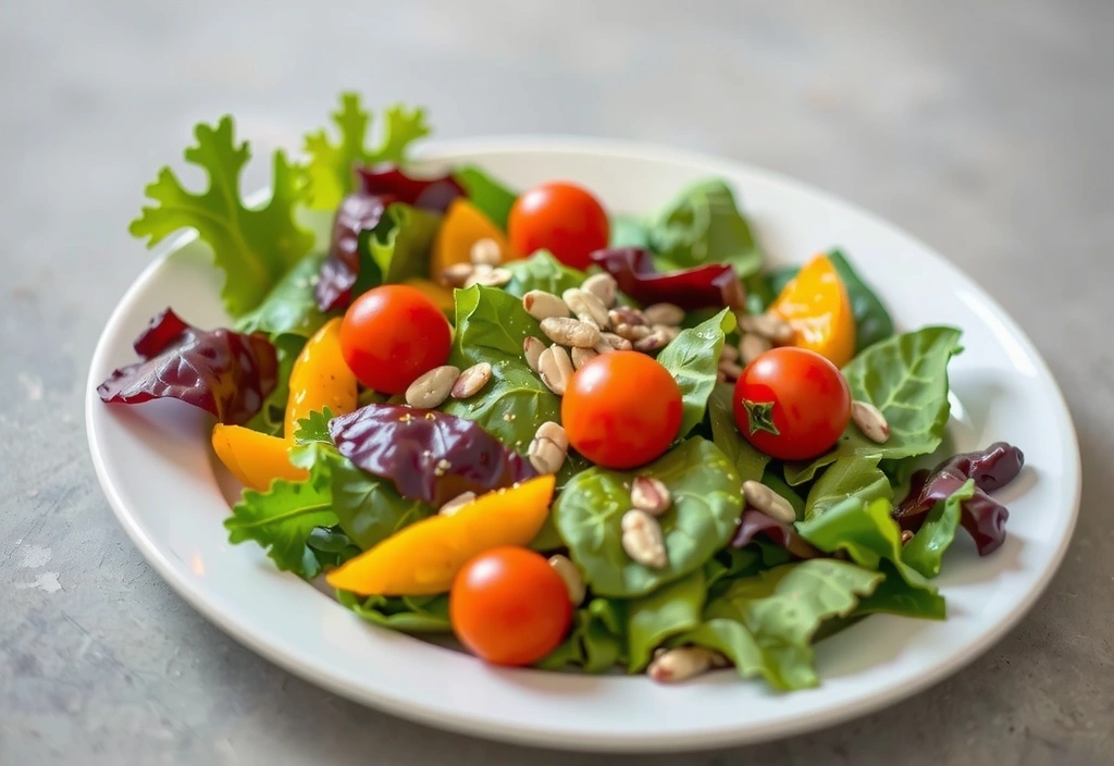 O farfurie plină cu o salată colorată de legume proaspete și nuci, ilustrând o dietă echilibrată