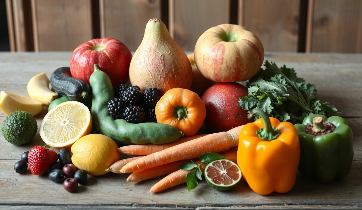 O selecție vibrantă de fructe și legume proaspete și colorate, simbolizând surse bogate de vitamine naturale